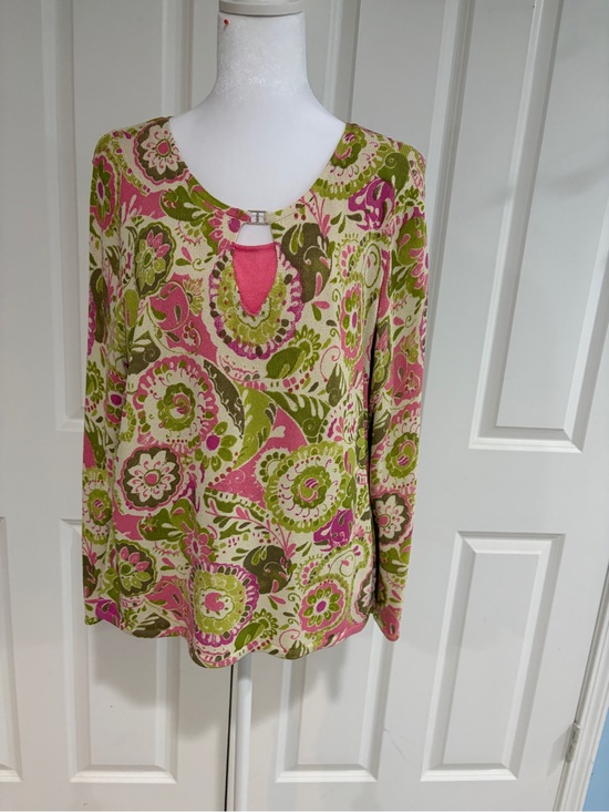 Sigrid Olsen Tops - Sigrid Olsen Pink & Olive Paisley Keyhole Long-Sleeve Top